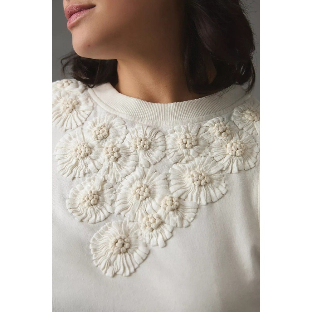 By Anthropologie Embroidered Sweatshirt Top Floral Long Sleeve Cotton L 285600 - Picture 3 of 8